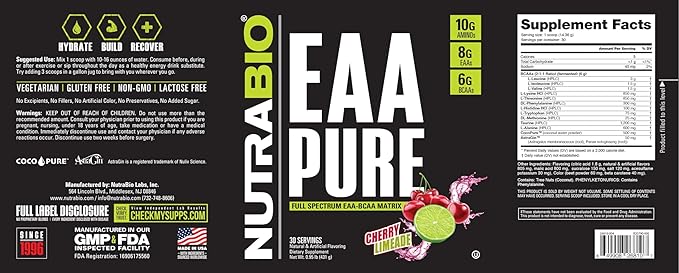 NutraBio ??EAA Pure ??9 Amino Acids ??Muscle Repair and Recovery, 30 Servings, Cherry Limeade ??Pre or Post Workout ??All Day Recovery