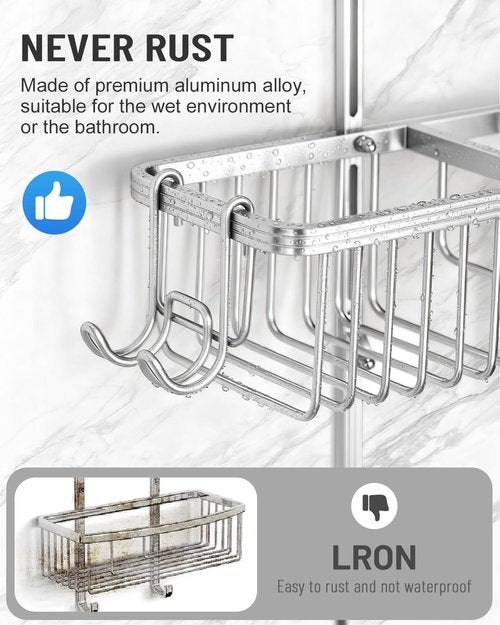 MSAICOE Adjustable Shower Caddy Hanging for Handheld Showerheads - Never Rust Shower Hanging Organizer, Upgraded Bathroom Shower Rack with Soap Basket, Hooks and Toothbrush Holder (Silver)