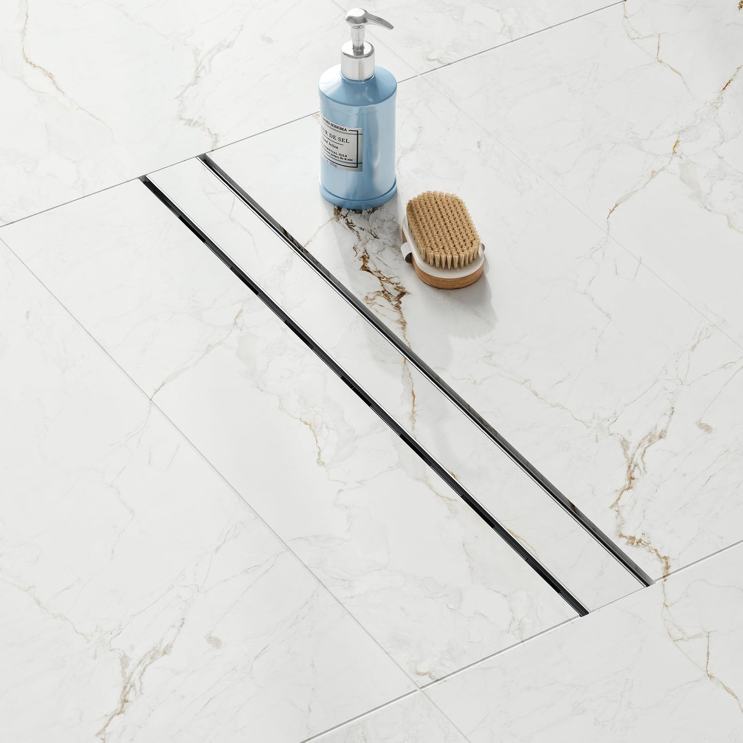 24 inch Linear Shower Drain with Tile Insert Grate Cover, Brushed 304 Stainless Steel Bonding Flange Linear Drain, Low Profile Linear Shower Drain with Hair Strainer