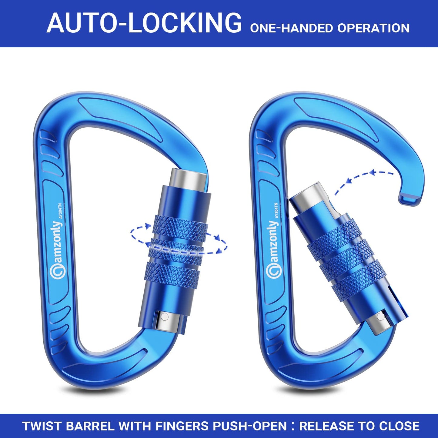 3inch Auto Locking Carabiner Clips Heavy Duty, 12KN /2697lbs Lightweight keychain carabiners, Sturdy Twist Lock Caribeeners for Camping Hiking Hammock Swing Backpack, dog leash and Harness etc, Blue