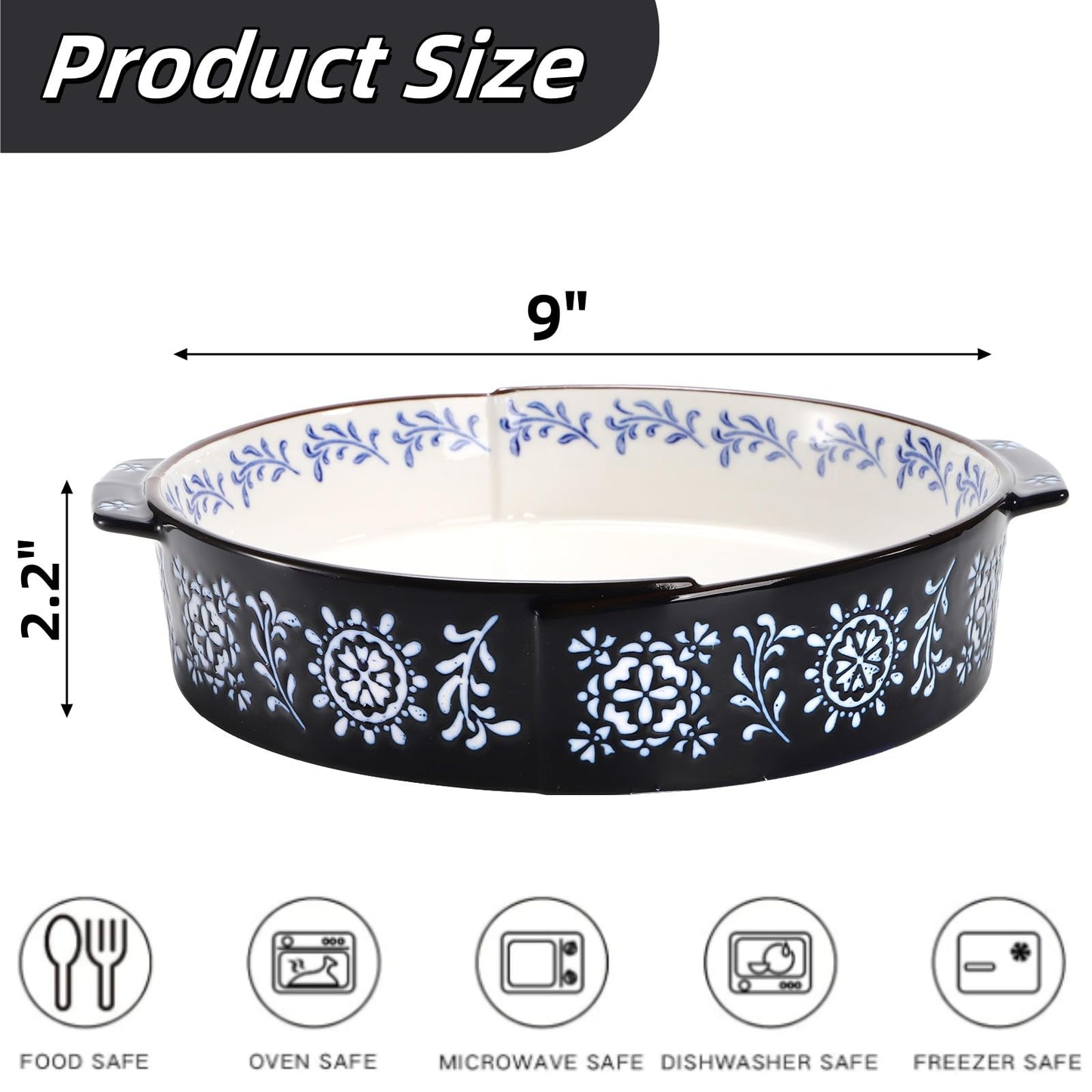 Covzoe 2 Pack Ceramic Baking Dish, 9 Inch Non-Stick Pie Pan with Double Handle, 44 Oz Deep Round Pie Plate Bakeware for Apple Pies, Quiche, Thanksgiving, Housewarming Gift