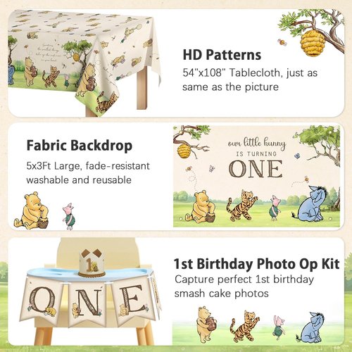 154pcs Winnie First Birthday Decorations Party Set, Classic Pooh Bear 1st Birthday Month Banner, High Chair Banner, ONE Box, Balloon Arch, Crown, Tablecloth, Backdrop, Cake Toppers and Stickers