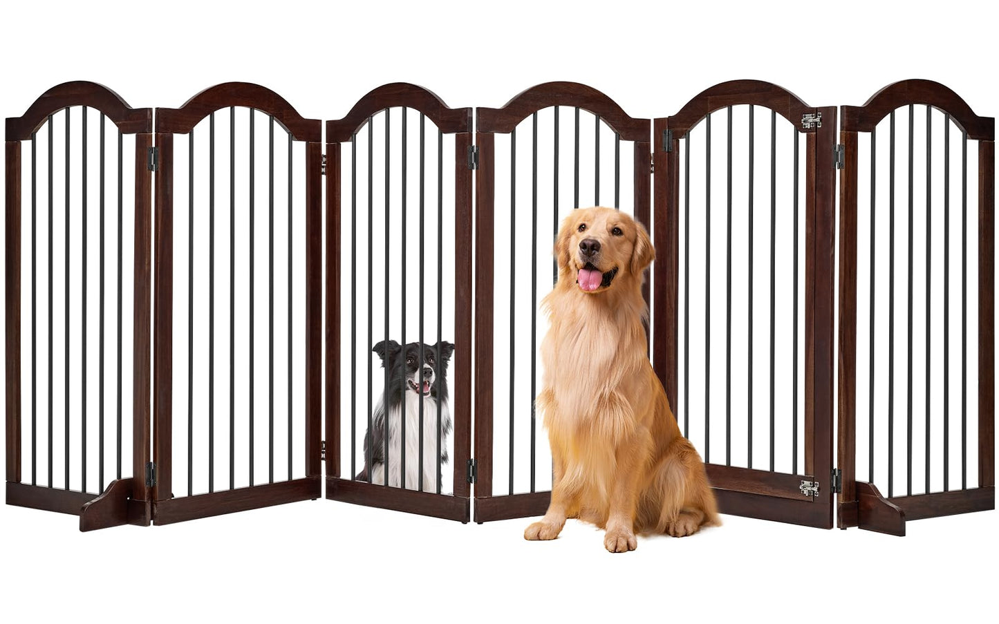 PrimeZone 144" Extra Wide Dog Gate - 36" Tall 6-Panel Solid Acacia Wooden Freestanding Puppy Gates with Door, Foldable Indoor Pet Fence for Doorways, Stairs, Support Feet Included, Brown