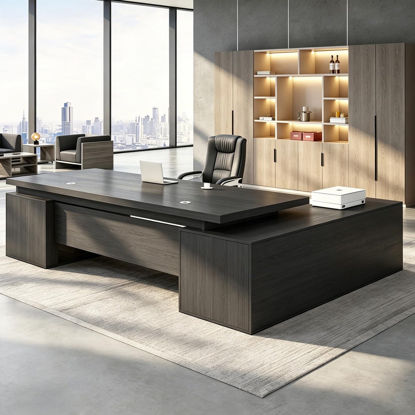 EQWZUPD Executive Office Desk, L Shaped, 1'' Thick Tabletop, Solid Wood Board, with Side cabinets and Wire Holes, Drawer with Lock, for Executive Desks,Boss Table,Computer Desk,Home Office Furniture