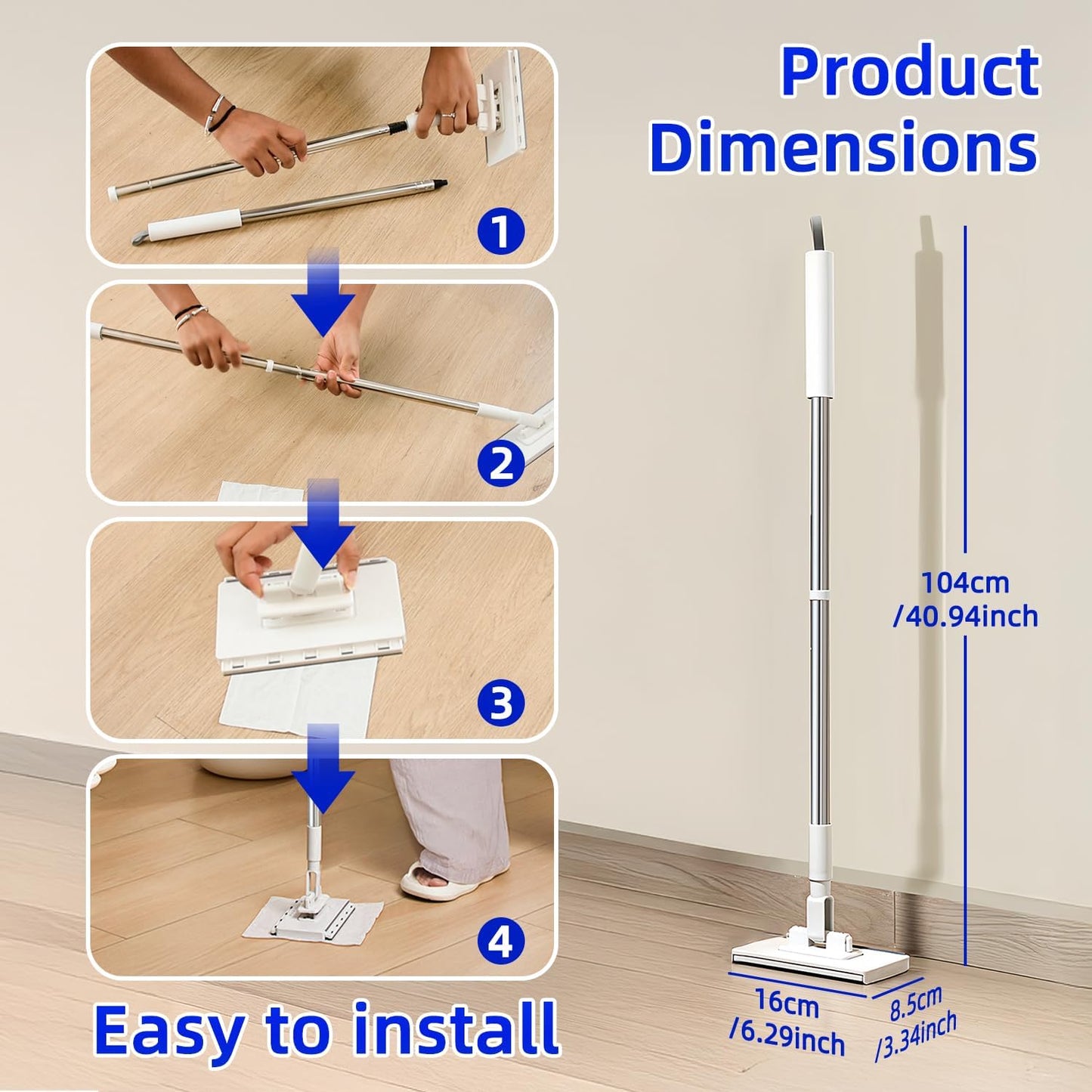 Press Grip Mini Mop, Zero-Touch Gap Dust Cleaner with 39in Lazy Mop & Hands-Free Lock Head, Disposable Dust Mop for House Wall Bathroom Toilet Corners Multi Surface Cleaning with 5 Cloths