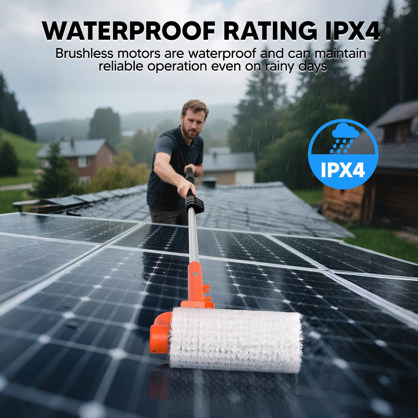 Electric Solar Panel Cleaning Brush and Pole, 20FT Telescopic Cleaning Roller Brush with Water Fed Pole，2 Hours Runtime, 2 Spin Speeds, for Solar Panlel, Outside High Window, Roof (Orange)