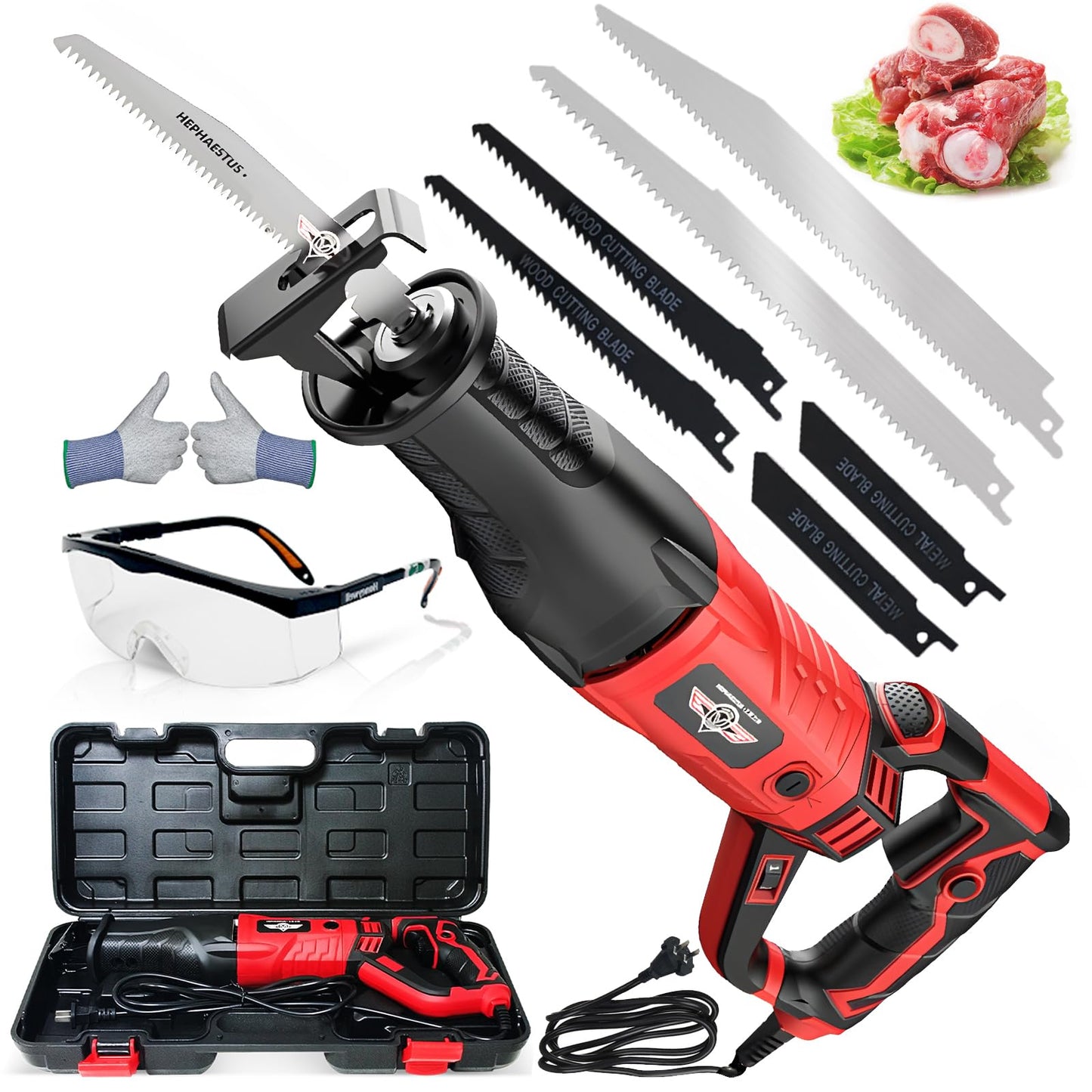 Multi-Purpose 3800W Handheld Electric Saw, 6-in-1 Cutter for Meat Bone, Wood, Metal, Plastic, Aluminum, Heavy Duty Bone Saw Machine Kit with Gloves & Goggles (220V)