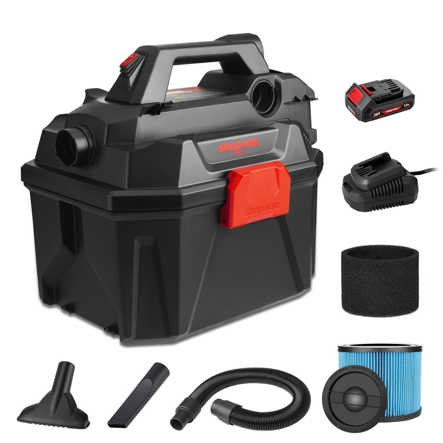 Shop-Vac 5430023 20V Cordless Wet/Dry Vacuum, 2 Gallon, 1.5 Inch Diameter x 5 Foot Hose, Portable Design for Quick Cleanups in Home and Garage