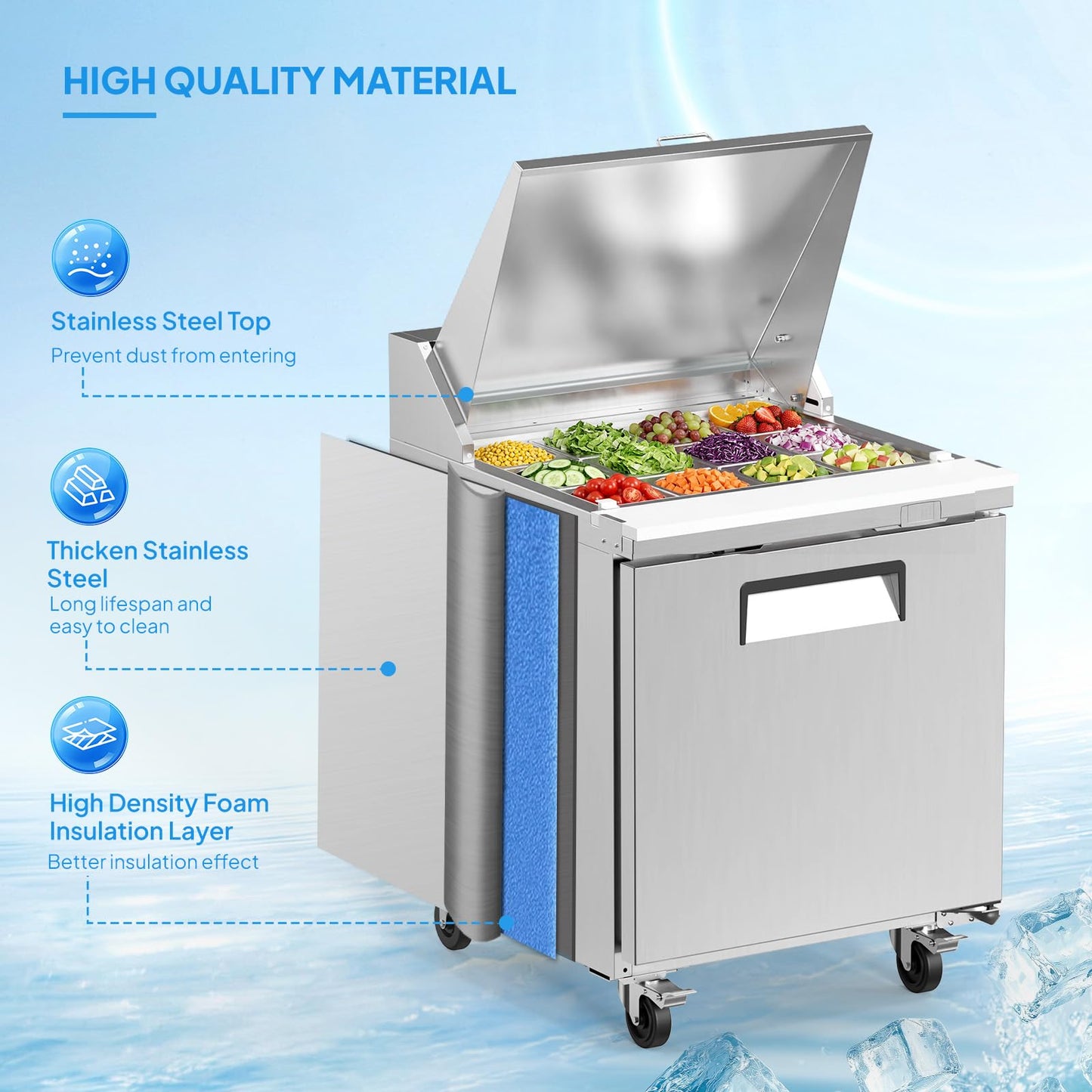 ROVSUN 29" W Sandwich Salad Prep Table Refrigerator ETL NSF, 7.6 Cu.Ft Commercial Refrigerator Salad Bar Stainless Steel w/12 Pans Cutting Board Lockable Wheels Front Door for Restaurant