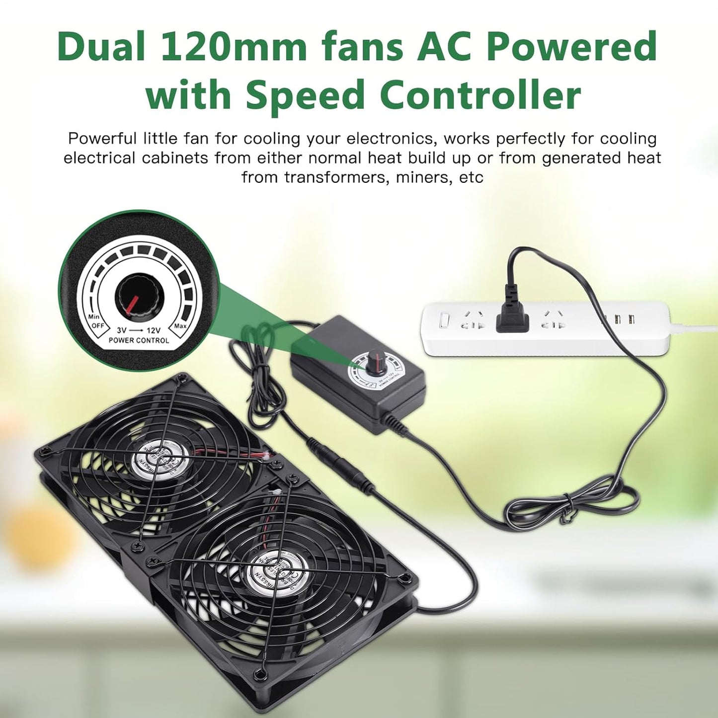 2 120mm 240mm 110V 240V x Computer Fan with AC Plug, - AC Powered Fan with Variable Speed Controller for Receiver