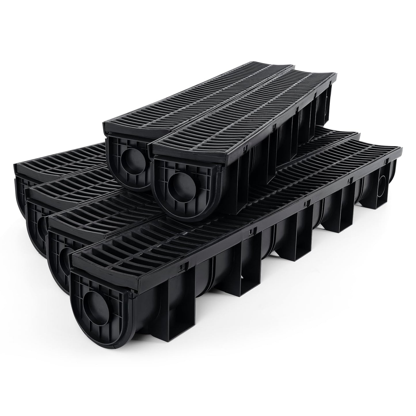 Trench Drain System, Channel Drain with Plastic Grate, 5.9x5.1-Inch HDPE Drainage Trench, Black Plastic Garage and GardenDrain, 6x39 Trench Drain Grate, with 6 End Caps,Convenient Assembly（6 Pack）