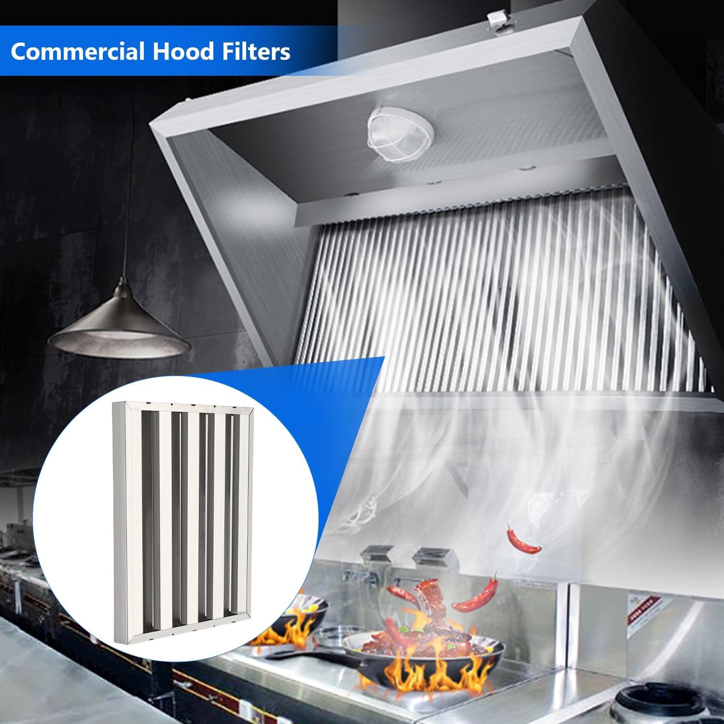 Commercial Hood Filters 19.5W x 19.5H Inch, 430 Stainless Steel 6 Grooves Range Hood Baffle Grease Filter for Kitchen Exhaust System, Easy to Clean