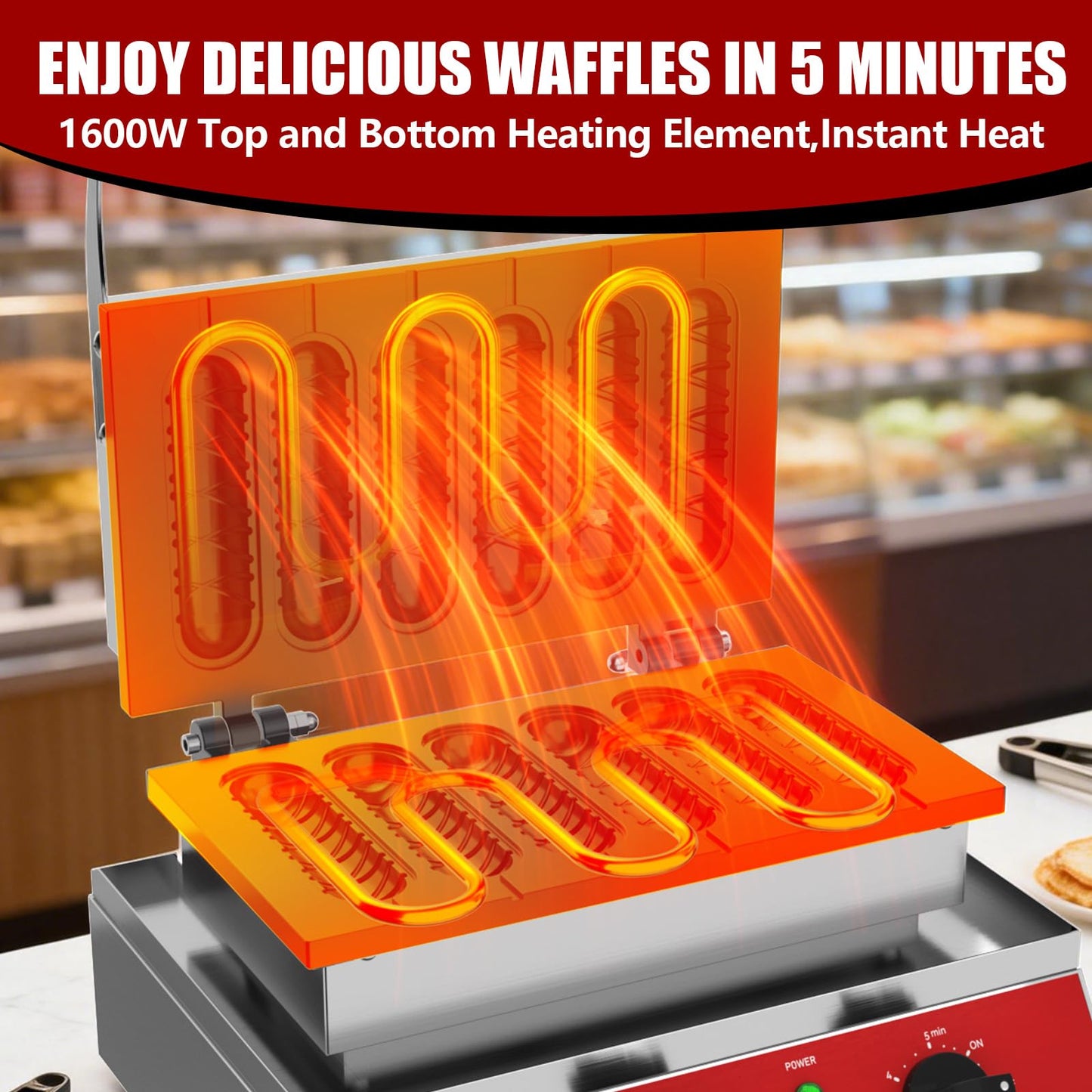 CROSSON Commercial 6PCS Waffle Stick Maker, Non-Stick Triple-Layer Coating Corn Hot Dog Waffle Iron W/ 140-480℉ Temp Range and 5 Minutes Timer, Machine for Restaurant Bakery Snack Bar-120V/1600W