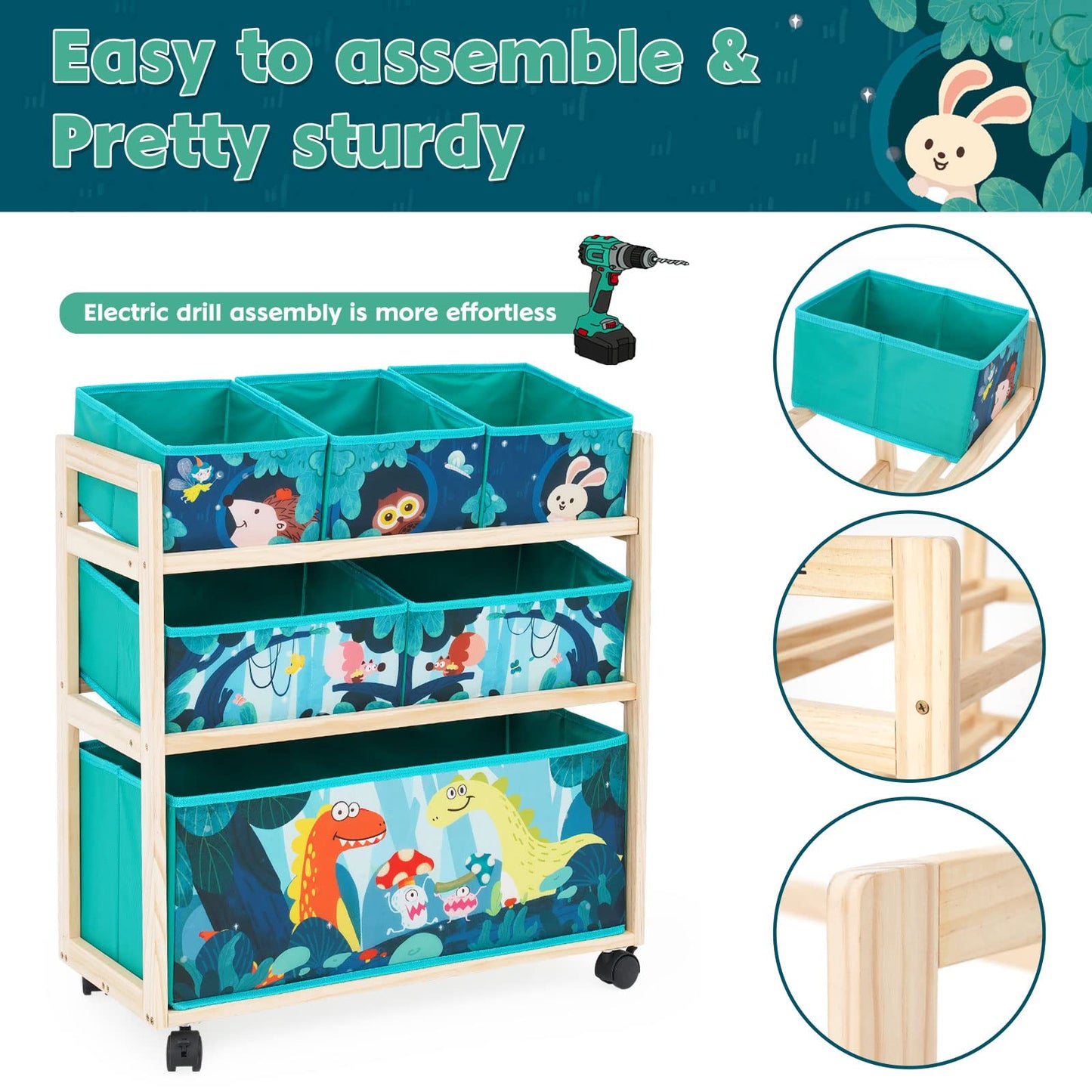 Jomifin Kids Toy Storage Organizer with Wheels, Utility Rolling Cart with 6 Removable Storage Bins for Bedroom, Playroom, Nursery, Large Capacity Pine Wood Shelf Unit for Toys, Books, Blankets (Green)