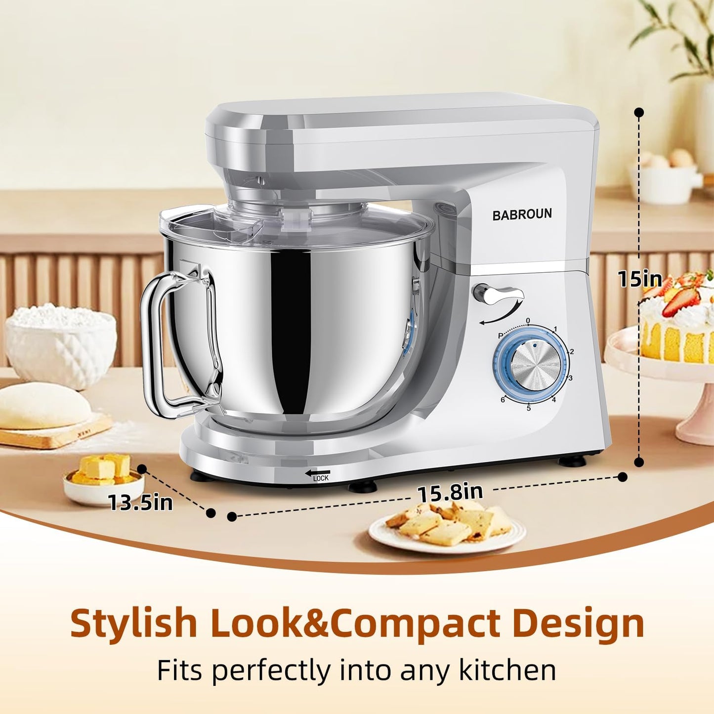 Babroun Dough Mixer 8.45 QT Electric Mixer - 660W 6 Speed Large Capacity Kitchen Stand Mixer with Whisk Dough Hook Mixing Beater Household Food Mixer for Baking Cakes Cookie Bread Salad(Silver)