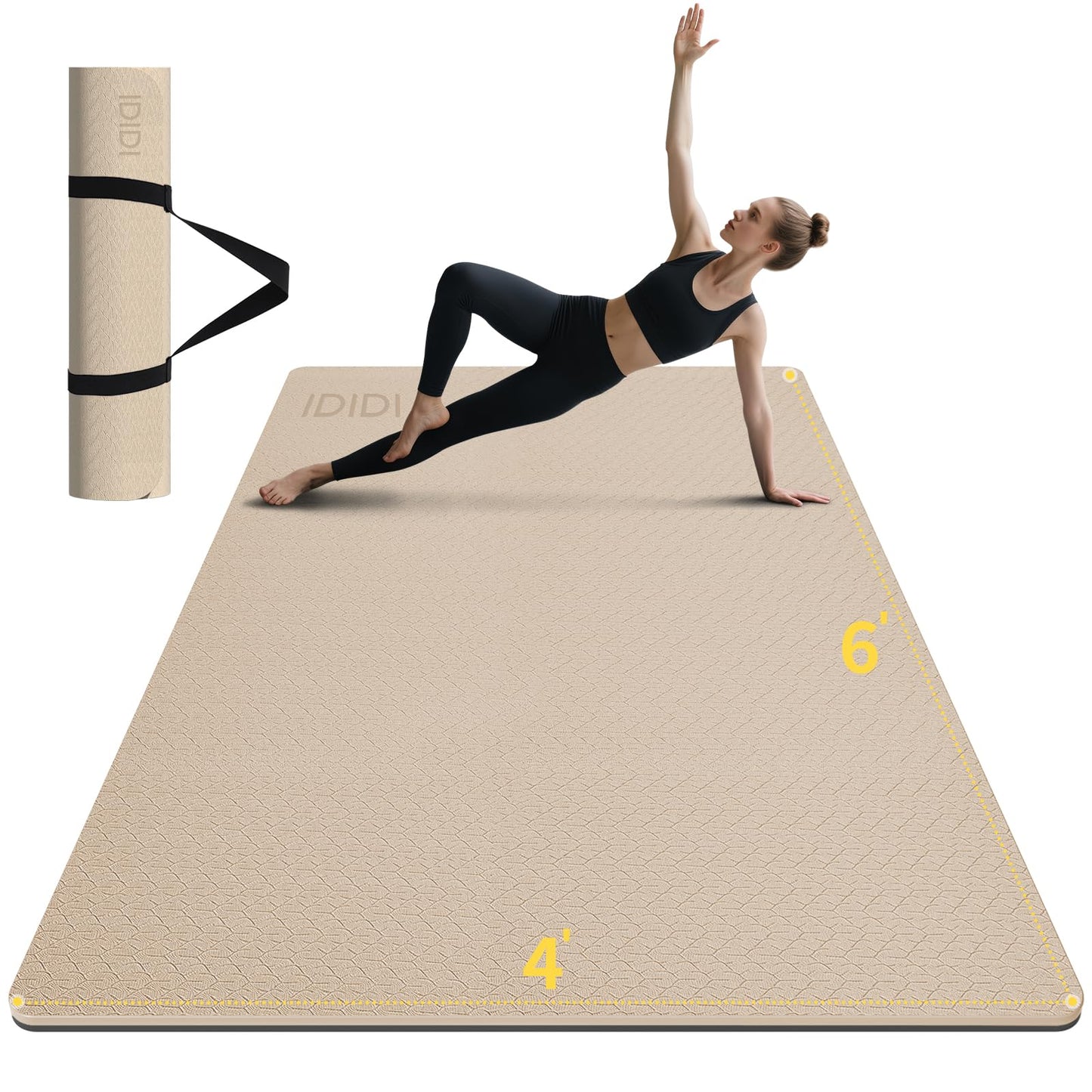 10mm Large Yoga Mat (6'x 4') - Extra Long and Wide 72 x 48 x 0.4 inches, Non-Slip POE Fitness Mat, Eco-Friendly, Thick Wide Exercise Mat for Home Workouts,Ideal for Yoga and Pilates. (Beige+Black)