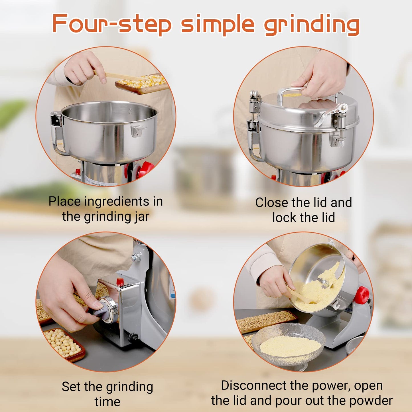 BAOJIAFU Electric Grain Mill 1000g High-speed Grain Spice Herb Grinder 2600W Dry Grinder Machine 304 Stainless Steel Superfine powder High-speed Grain Mill 36000r/min for Kitchen Home and Commercial