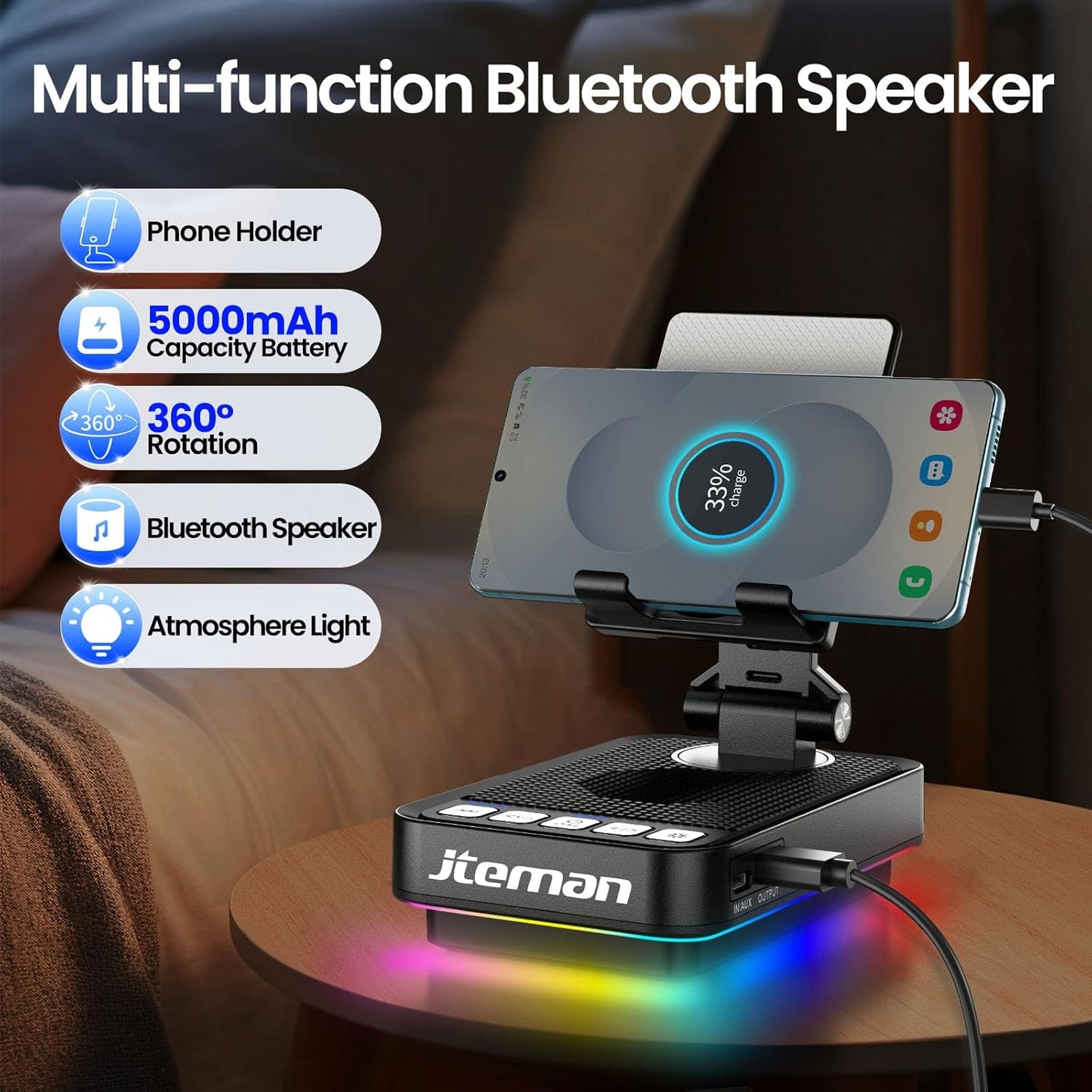 JTEMAN 360 Gifts for Men Women Phone Stand Bluetooth Speaker with Light and Charging Function, Rotating Phone Holder