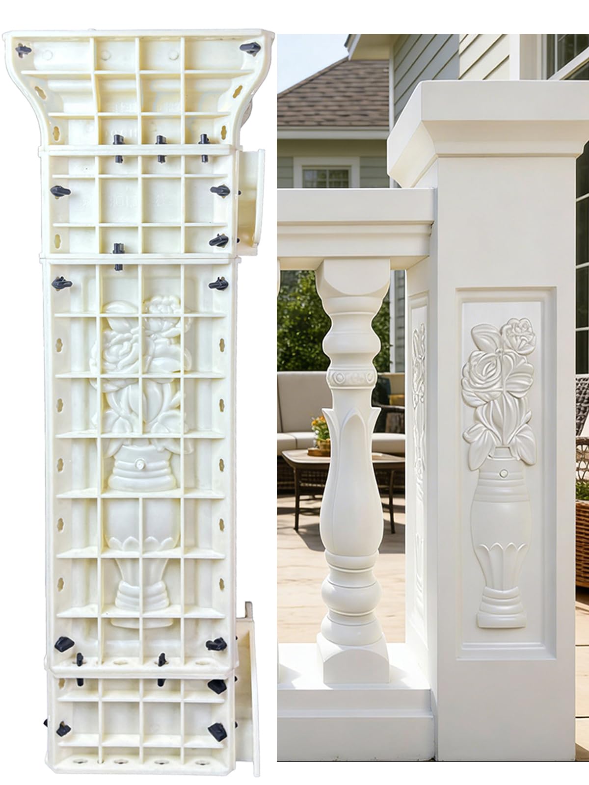 105cm Cast-in-Place Balcony Spacer Column Molds, Heavy-Duty Plastic Concrete Pillar Mould, Compatible with 90cm Balcony Railing Molds (Round Bottle/Square/Lotus) (Chrysanthemum)