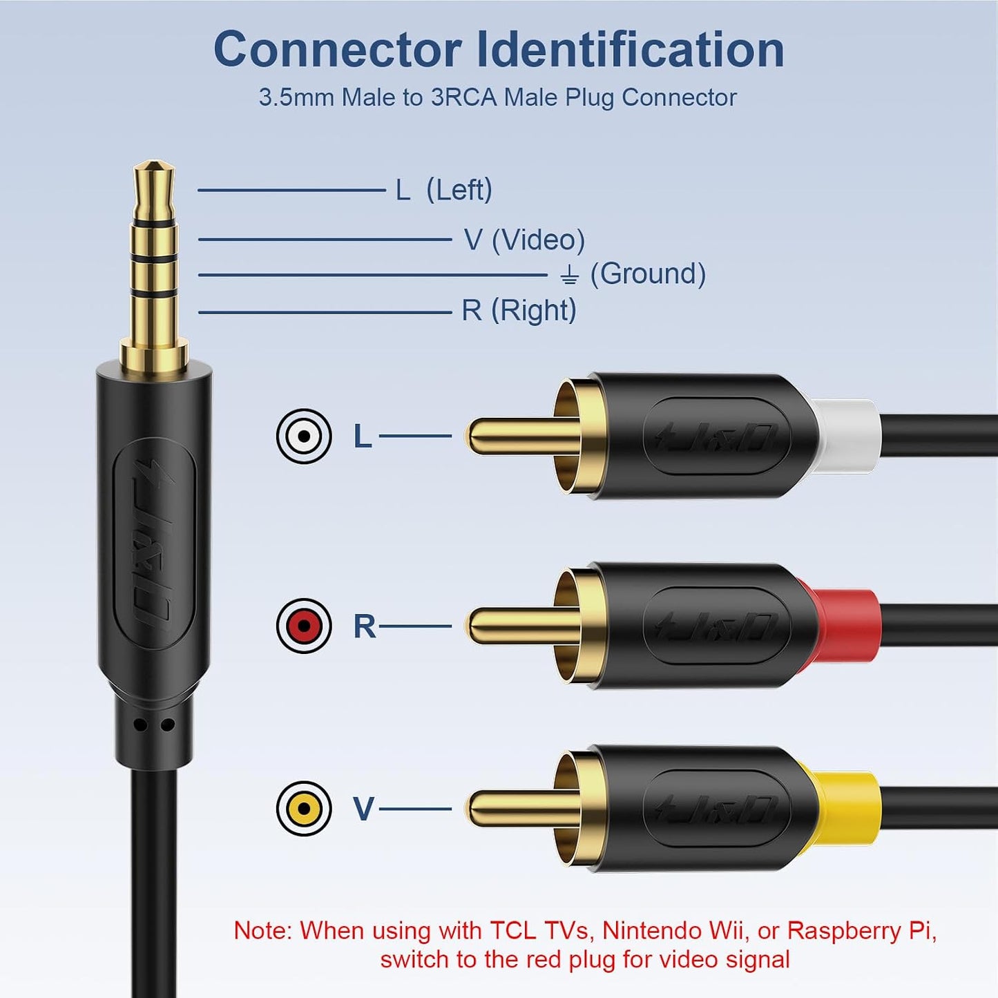 3.5mm 1/8" 3 5 J&D to RCA AV Cable, Audio/Video Transmission, TRRS to RCA Male Plug AUX Cable Cord, Compatible