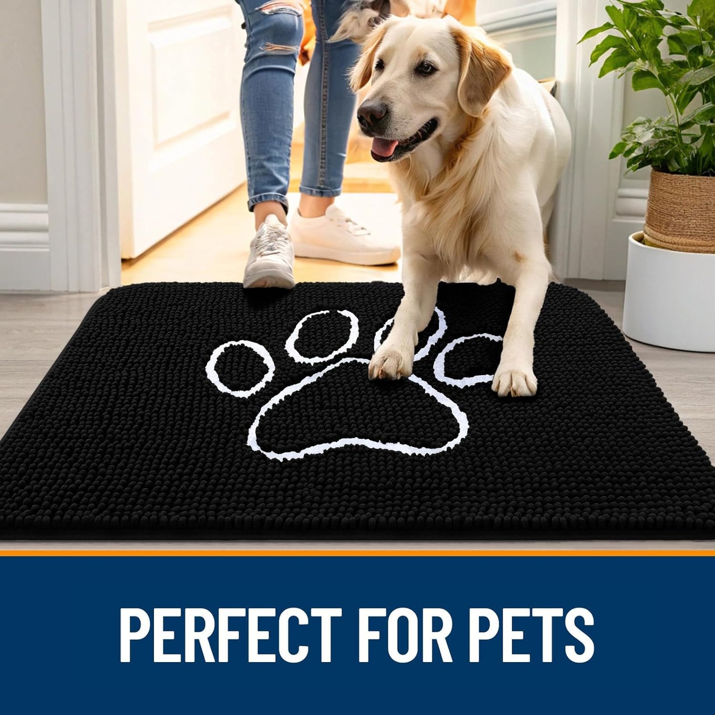 OLANLY Dog Door Mat - Absorbent Non-Slip Mud Mat for Paws | 54x32 Black Chenille Design