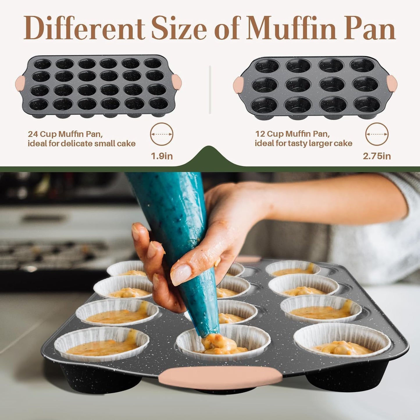 Skiennix 11-Piece Nonstick Baking Pans Set - Versatile Bakeware with Silicone Handles | Khaki & Black