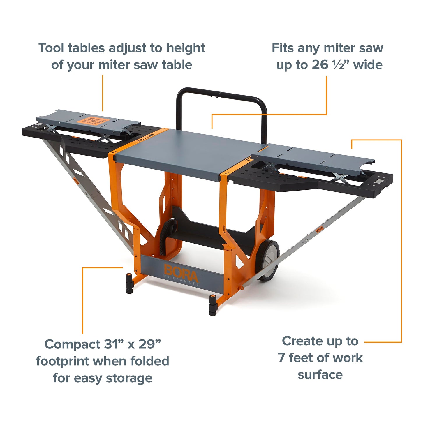 Bora Portamate Miter Saw Stand Work Station 400 Lbs Max Weight Portable Rolling Table Saw Stand Workbench with Folding Wing Extensions Miter Saw Stands PM-8000
