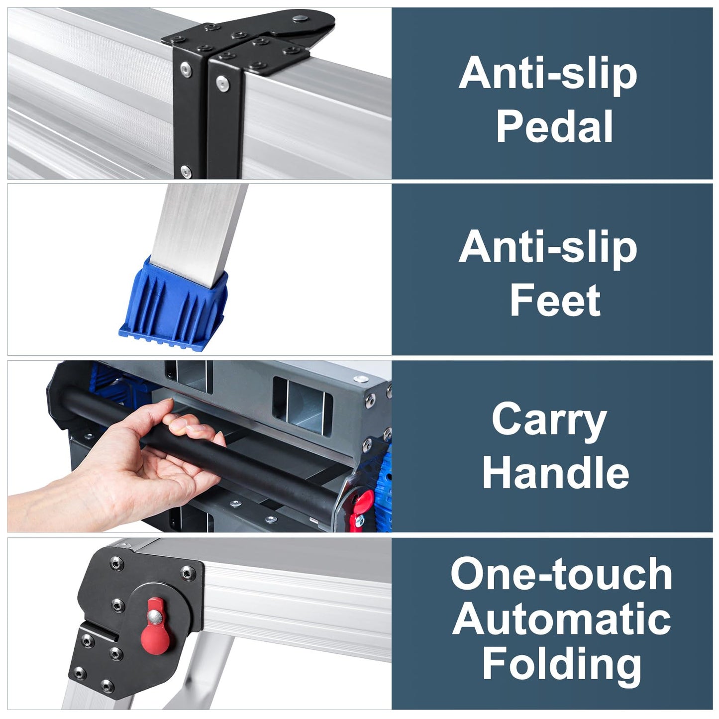 Foldable Aluminum Work Platform, 12.7 lb, Easy-Installation, Capacity of 500 lbs, Non-Slip, Step Stool for Adults with Adjustable Height, Heavy Duty & Portable Step Ladder