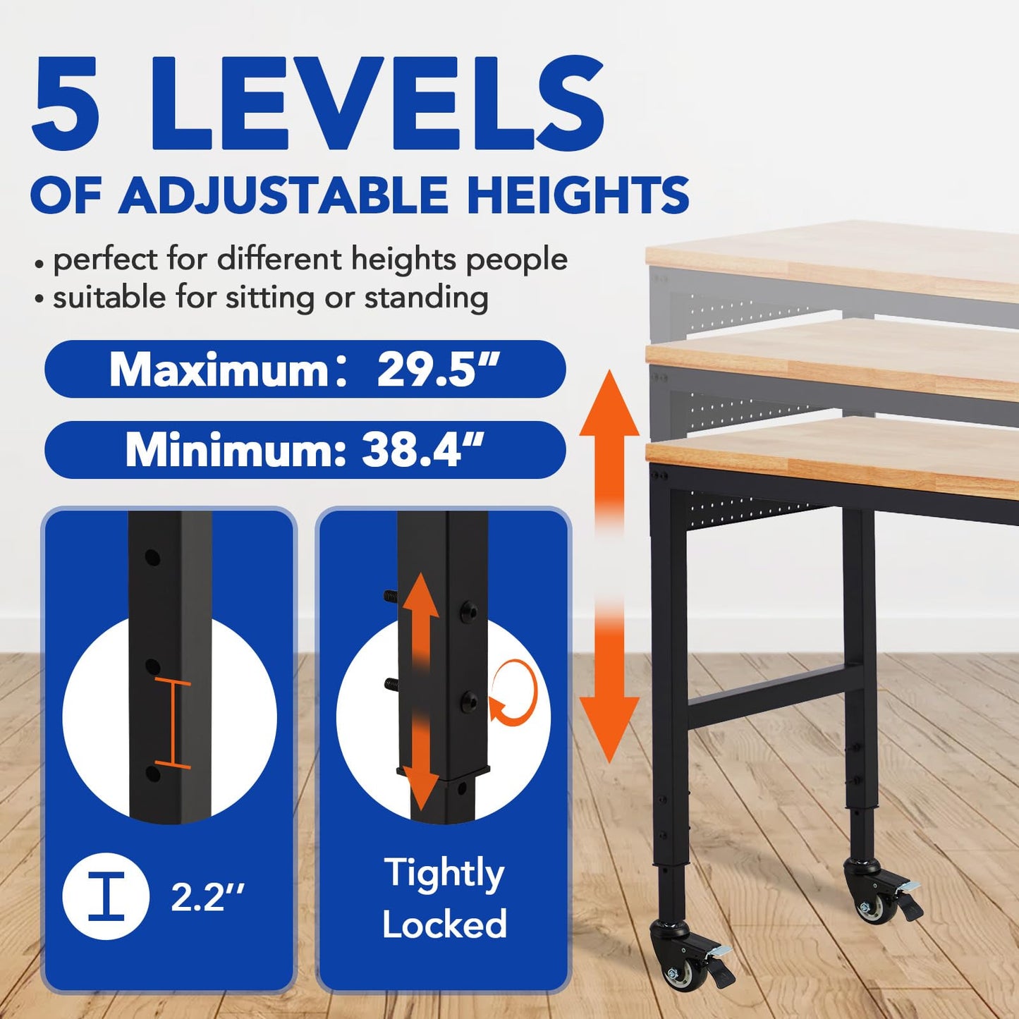 ExploreHorizon Workbench Adjustable 75' x 25', 29.5"-38.4" Heights Garage Worktable with Universal Wheels Power Outlet, Heavy-Duty Table for Workshop Office Home Commercial, 2000 Lbs Load Capacity