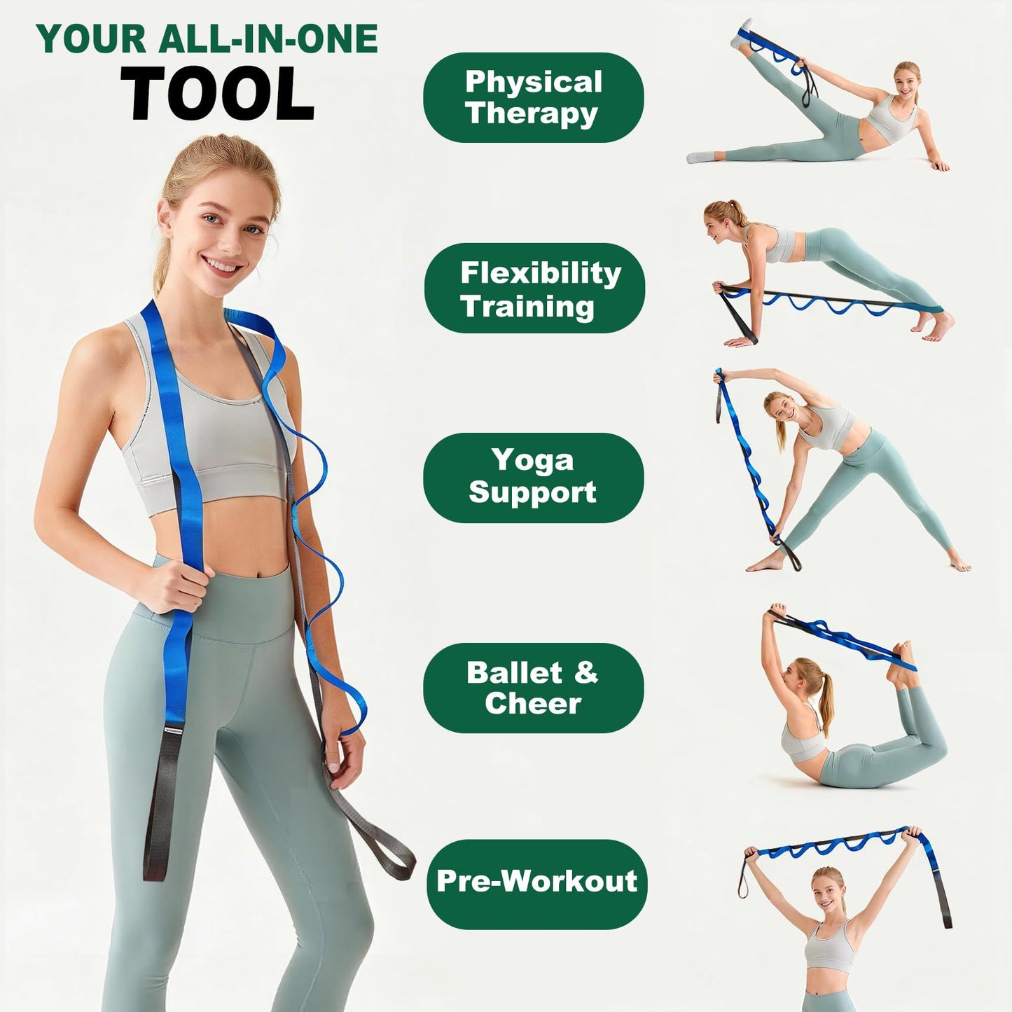 Acozycoo Stretching Strap with 10 Loops – Non-Elastic Yoga Strap for Physical Therapy, Knee Replacement Recovery & Plantar Fasciitis – Leg Stretcher Band for Flexibility & Hamstring Rehab（Blue)