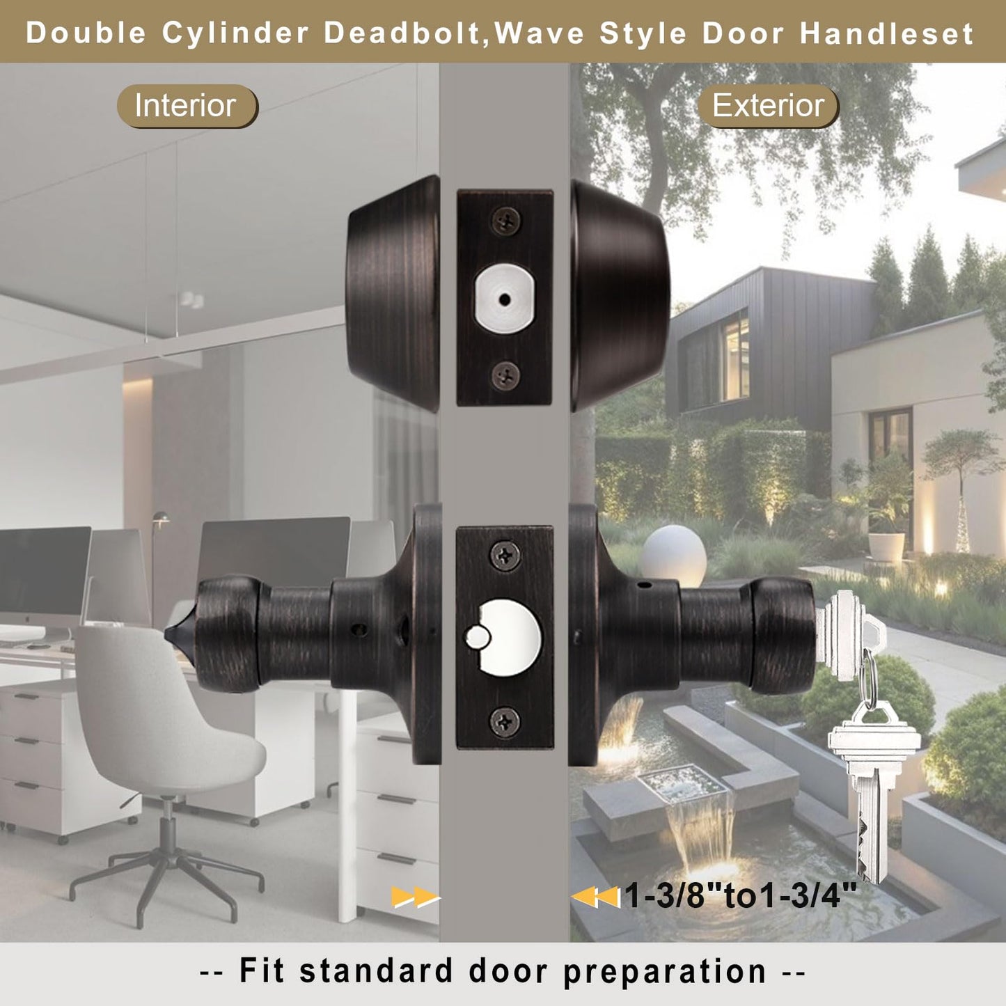 Brotima 2 Pack Keyed Alike Entry Door Lock Set, Double Cylinder Deadbolt with Wave Style Lever Door Handle, Oil Rubbed Bronze Wave Style Heavy Duty Door Lever Set for Bedroom,Exterior Doors