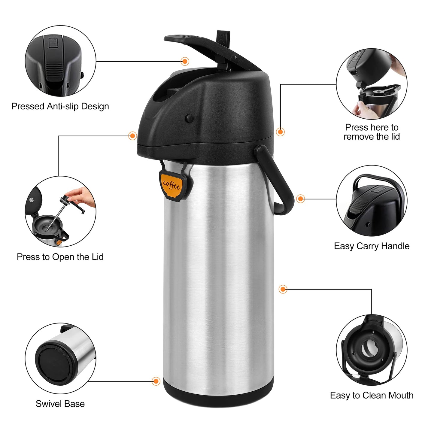 TOMAKEIT Airpot Coffee Dispenser Thermal with Pump,3L/102 Oz Insulated Stainless Steel Large Airpot Coffee Carafe Lever Action for Hot/Cold Water,Thermal Carafe for Hot Cocoa for Parties