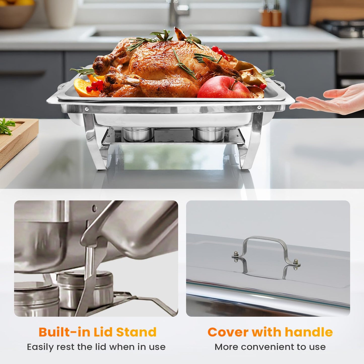 POWERFUEL Chafing Dishes for Buffet, 4 Pack 9QT Rectangular Stainless Steel Chafing Dishes Set with with 4 Serving Tongs, Serving Tray, Water Pan, Stand, Fuel Holder for Party, Gathering, Wedding
