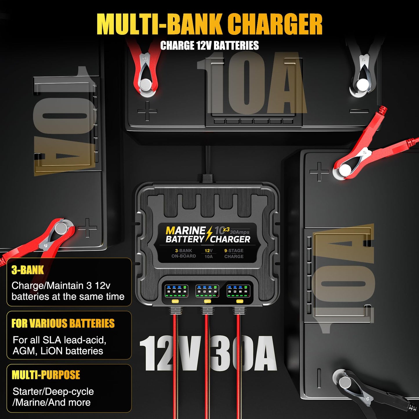 3 Bank Marine Battery Charger 30A (10A/Bank) 10X3, 12V,Waterproof,lifepo4 Boat Battery Charger Maintainer and Desulfator for AGM, Lithium,Deep-Cycle Batteries Boat Accessories