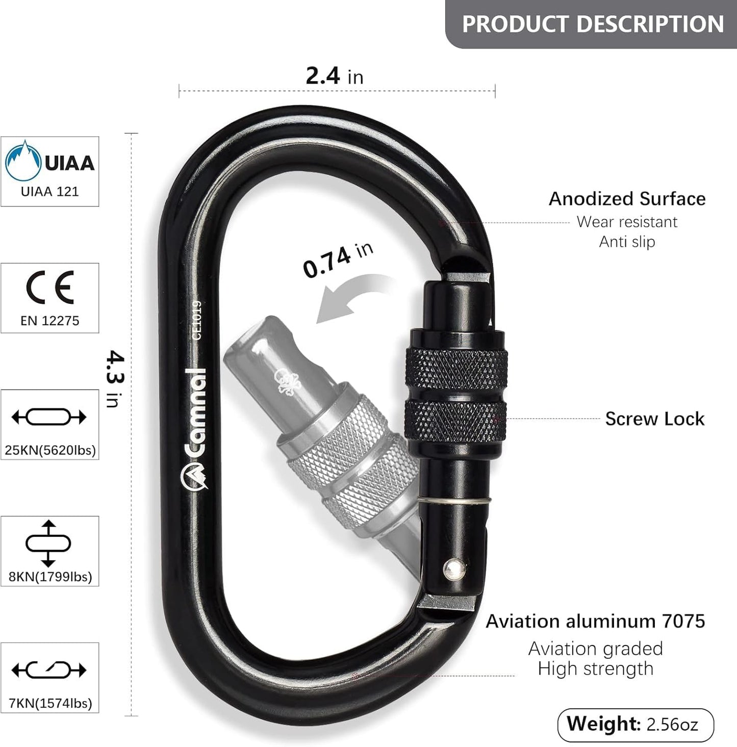 CAMNAL Screwgate Locking Climbing Carabiner Clips, Heavy Duty Carabiners UIAA Certified 25KN, Rock Climbing Carabiner Screw Lock for Rock Climbing, Mountaineer, Hammock, Rappelling, Outdoor Equipment