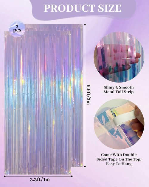 Iridescent Purple Party Streamers | 2 Pack Neon Transparent Holographic Tinsel Backdrop - 3.31 x 6.6 ft for Birthday & Wedding Decor