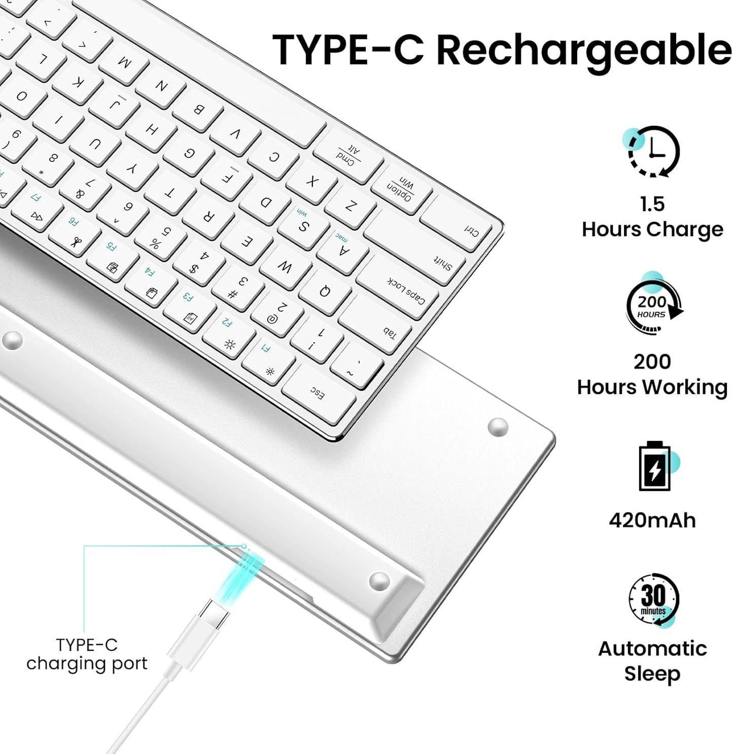 TIETI 2.4G Wireless Bluetooth Keyboard Rechargeable, Stainless Steel Ultra Slim Full Size Keyboard with Numeric Keypad