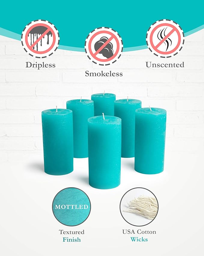 Mottled Pillar Candles by Bask - Set of 6-3" x 6" Dripless Unscented Candles in Turquoise for Home Decor, Relaxation & All Occasions