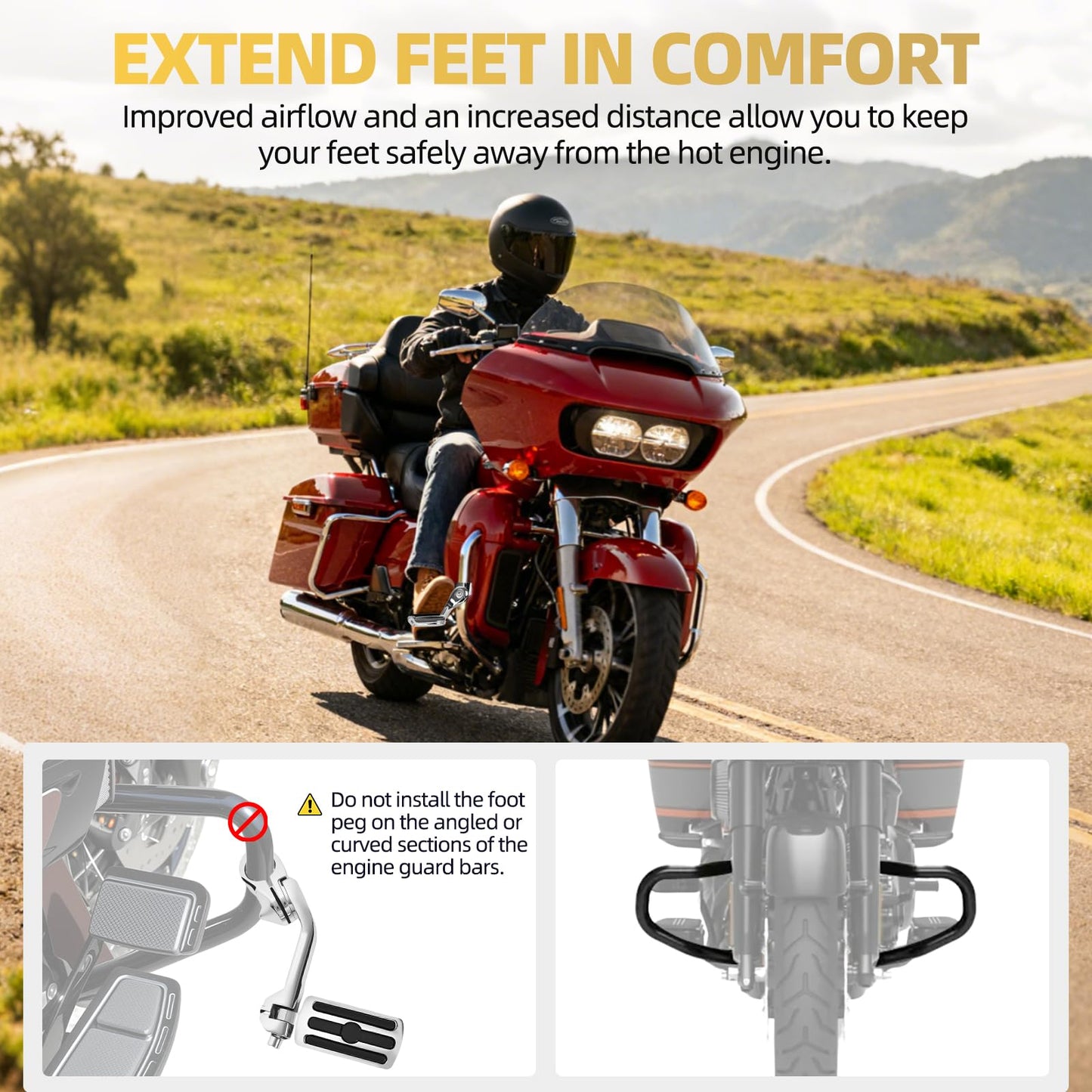 Upgrade Highway Footpegs, 1.25" Motorcycle Highway Pegs Long Angled Adjustable Chrome and Rubber Style Fit for Harley Touring Street Glide Road King Softail Dyna Fit 1-1/4" Engine Guard(Chrome)