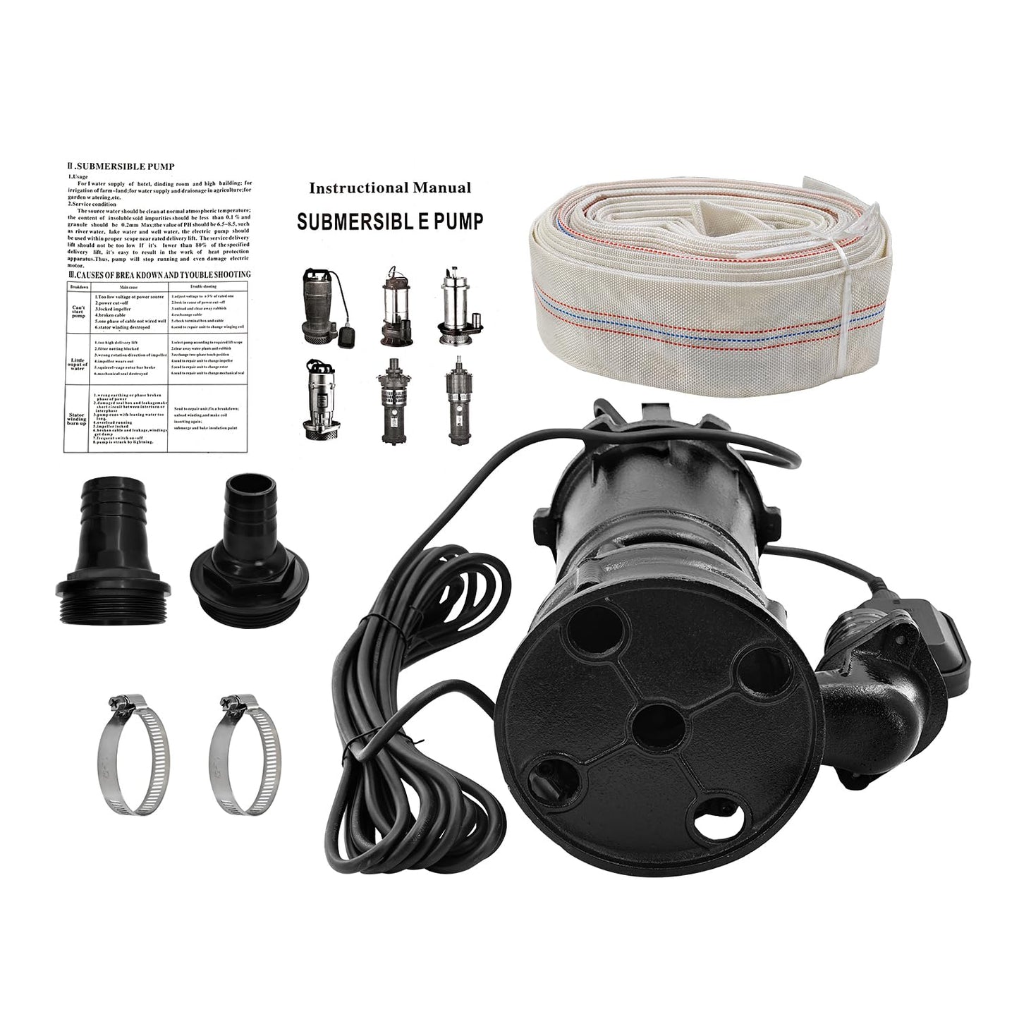 Dewinston 2HP Submersible Sump Pump 220V Cast Iron Sewage/Effluent Pump with Float Switch and 66ft Hose, 2'' NPT Discharge, 6498GPH, 1500w