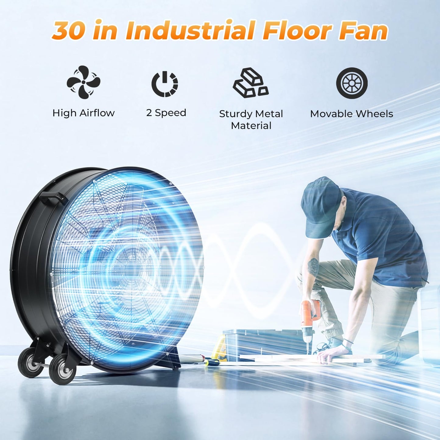 Zevemomo 30 Inch High Velocity Industrial Fan, 13520 CFM, 2-Speed, Metal Drum Fan Floor Shop Floor Fans Heavy Duty, Powerful Cooling for Garage, Workshop, Warehouse, Gym (Black)