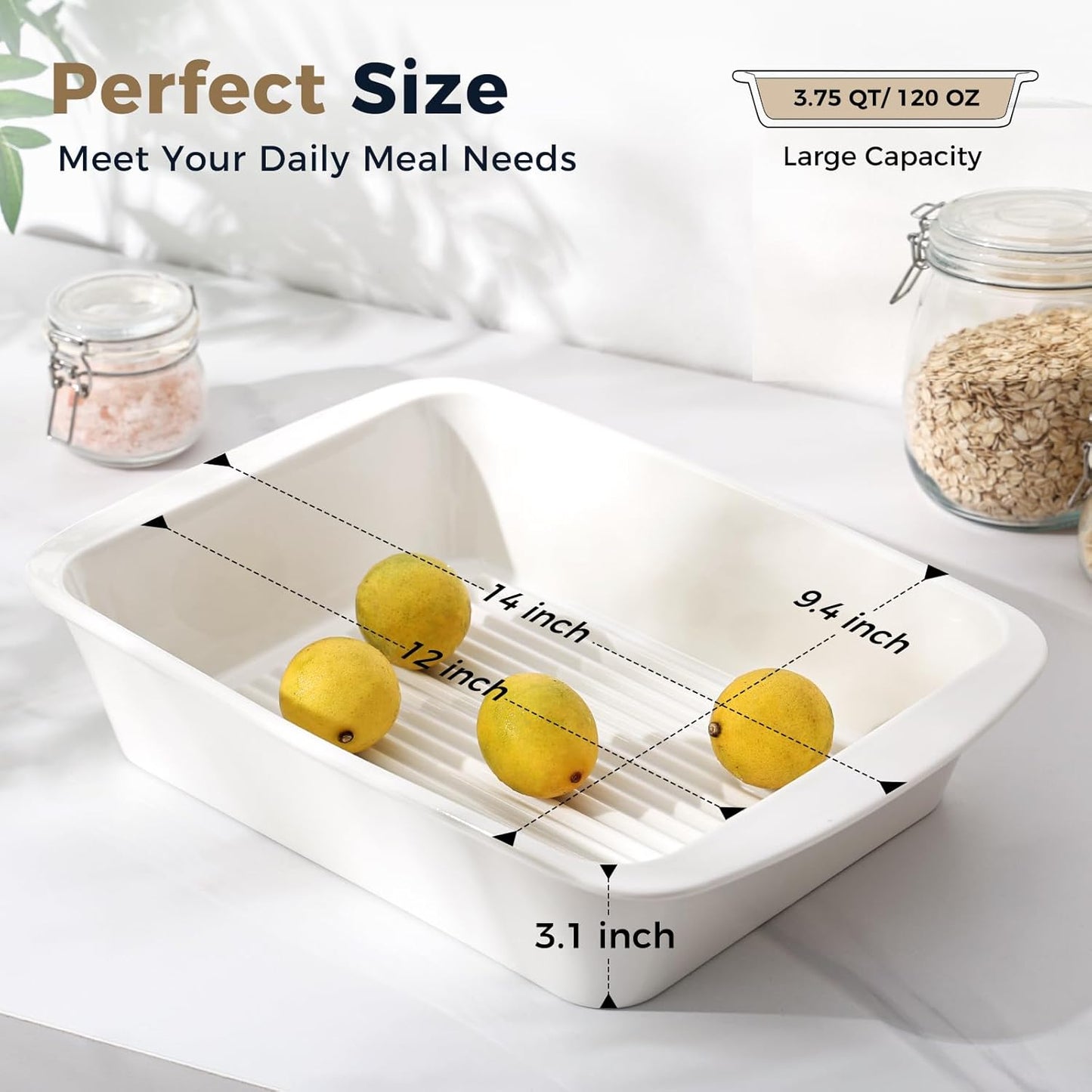 Regine Switzerland 9x13 Baking Dish Set of 2 - Porcelain Casserole Dish with Handles | Deep 3.75 Qt Bakeware, Microwave & Dishwasher Safe, White