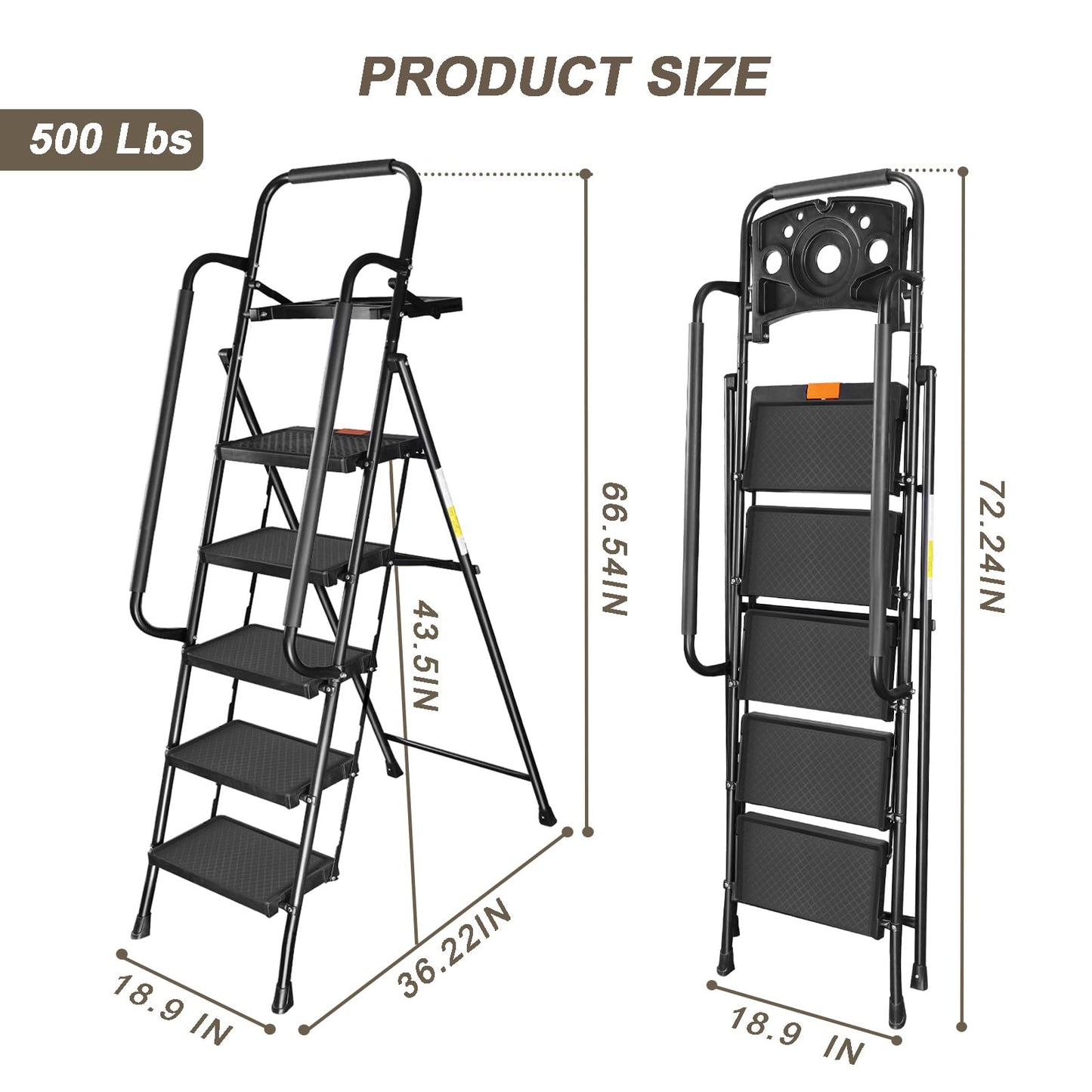Valeo 5 Step Ladder with Handrails,500 Lbs Capacity,Folding Step Stool Ladder with Tool Platform,Wide Anti-Slip Pedal,Step Ladder 5 Step Folding,Multi-use for Home,Kitchen,Office,Black