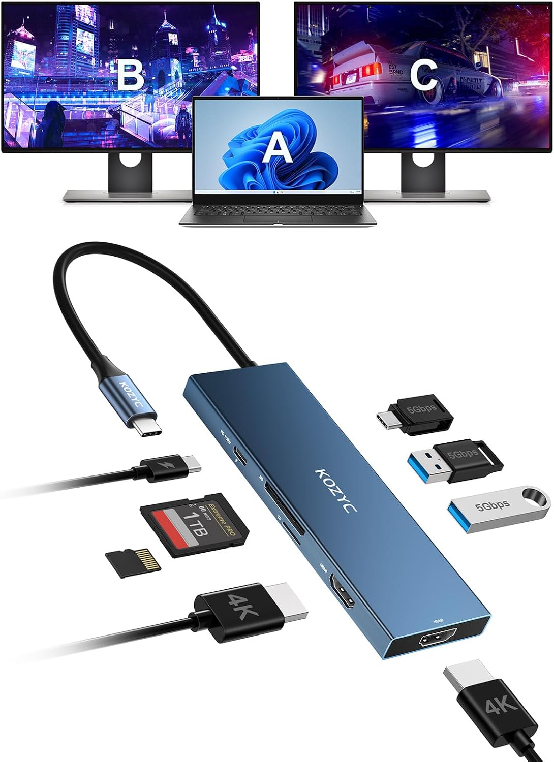 KOZYC 4K@60Hz, 8-in-1 2 3.0, 2xUSB-A 3.0, 100W USB C Docking Station Dual HDMI USB C Hub HDMI, USBC SD/TF, PD, Laptop