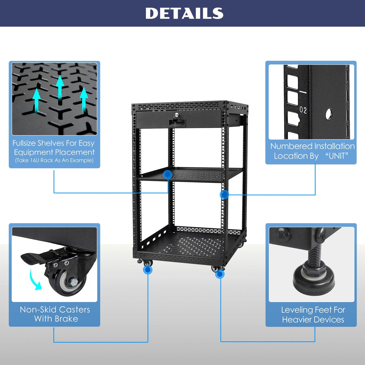 OCEANHUG 16U Server Rack Cabinet with Drawer & Full Size Rack Shelf - Integrated Top/Bottom Panels, 4 Rolling Wheels for 19" Equipment & Home Lab Studio