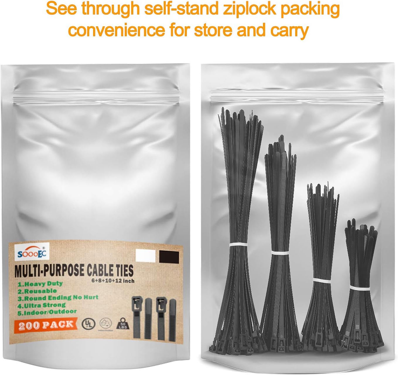 200 Pack 6+8+10+12 inch SOOOEC Reusable Zip Ties Assorted Sizes UV Resistant, Black Zip Ties Heavy Duty Outdoor