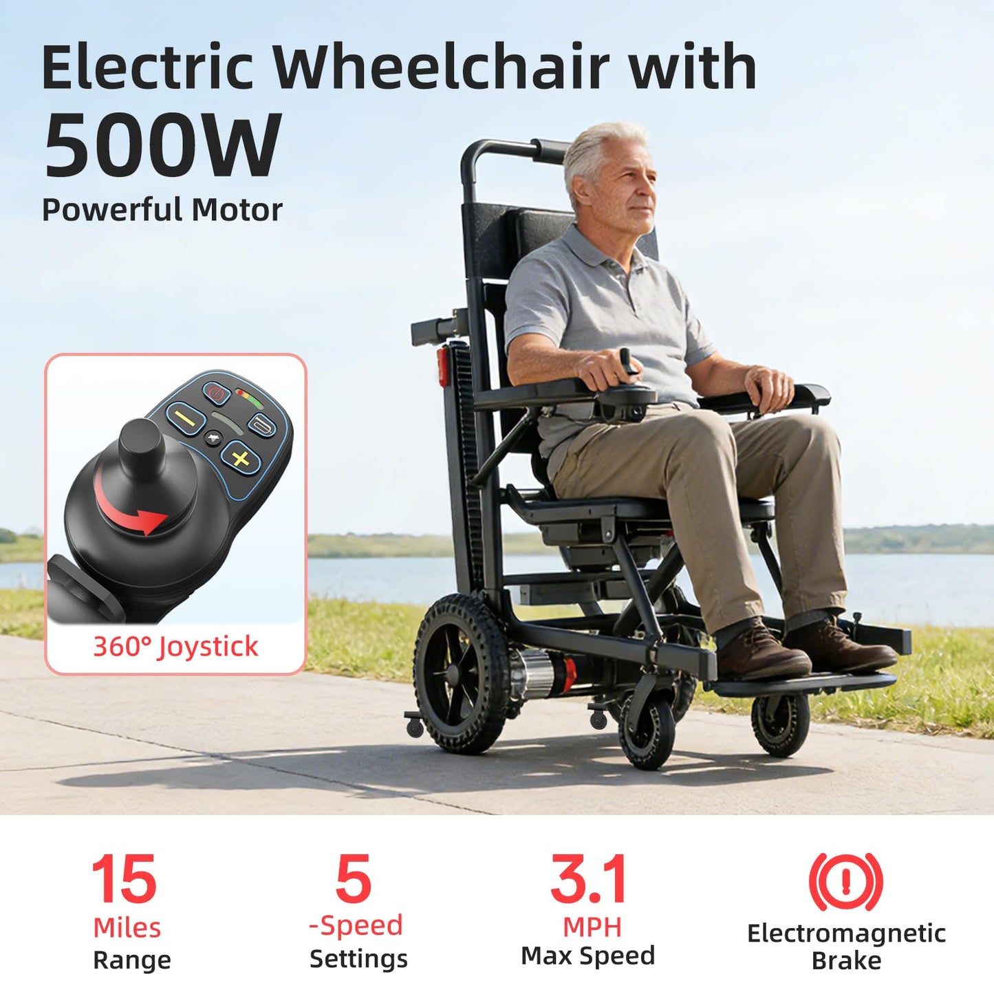 Foldable Electric Wheelchair for Seniors, All-Terrain Power Wheelchair with 15-Mile Long Range, 620W Powerful Motor Portable Lightweight Mobility Chair with 12" Puncture-Proof Tires No Installation