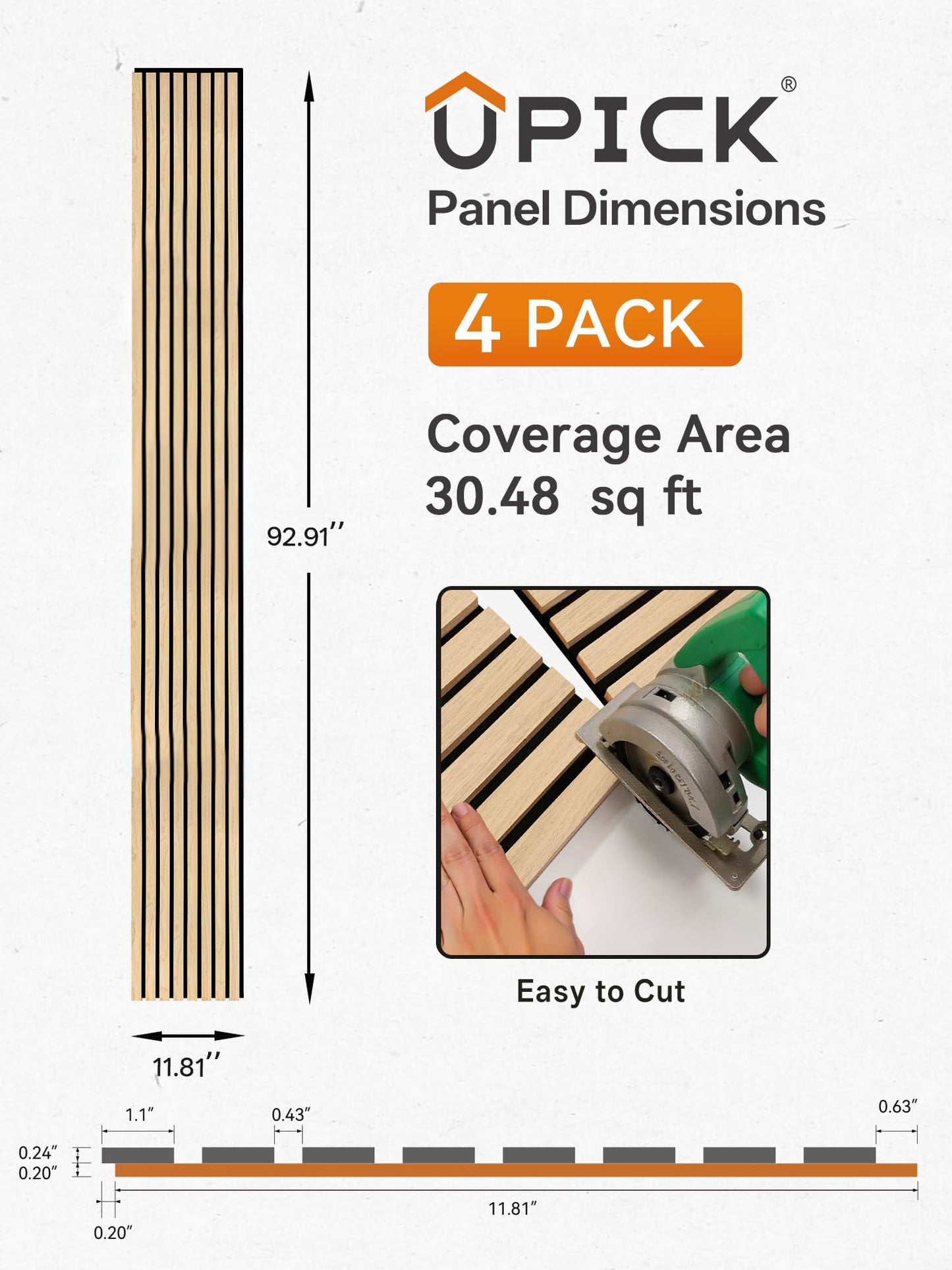 Upick Acoustic Wood Slat Wall Panels 93" x 12" Oak for Interior Decor - Sound Absorbing Accent Wall, Easy DIY Install, 4 Pack