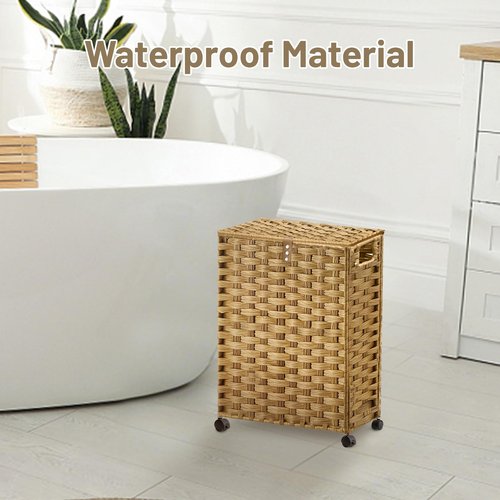 Hiagnete Toilet Paper Storage Basket with Lid and Wheels, Rattan Toilet Paper Holder Storage, Toilet Paper Organizer for Bathroom, Bedroom, Kitchen, 12.6”L x 7.1”W x 17.14”H, Naturall