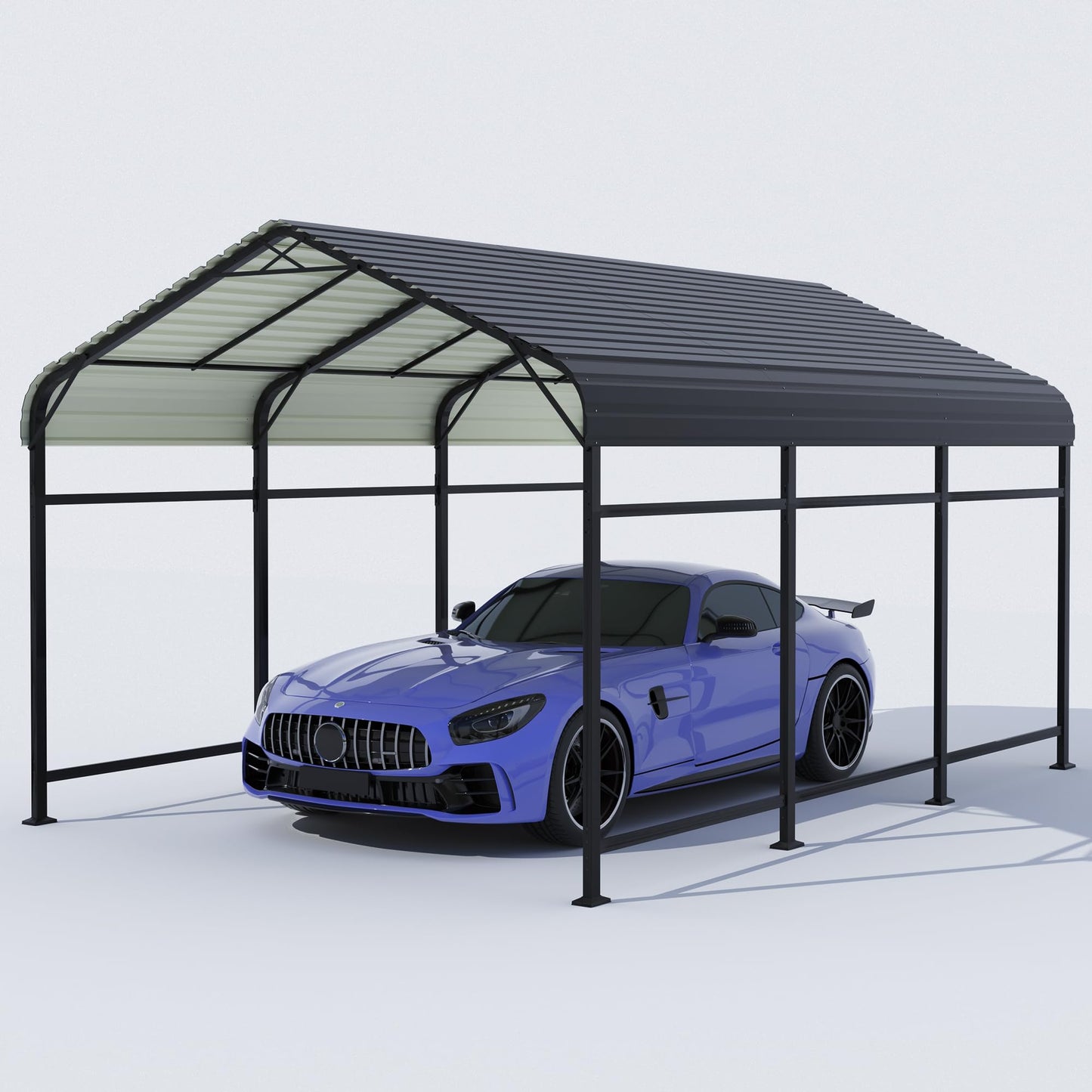 Greesum 10x15FT Metal Carport with Heavy Duty Frame and Galvanized Steel Roof, Round Carports with Side Support Rods, Canopy Shelter for Car, Pickup Trucks, Boats, Party, Gray